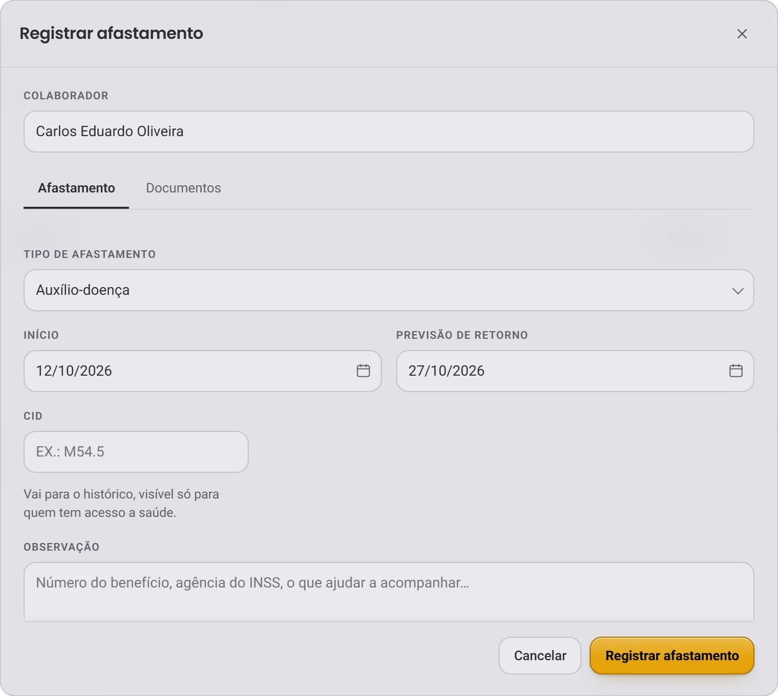 A janela Registrar afastamento preenchida, com colaborador, tipo, início e previsão de retorno
