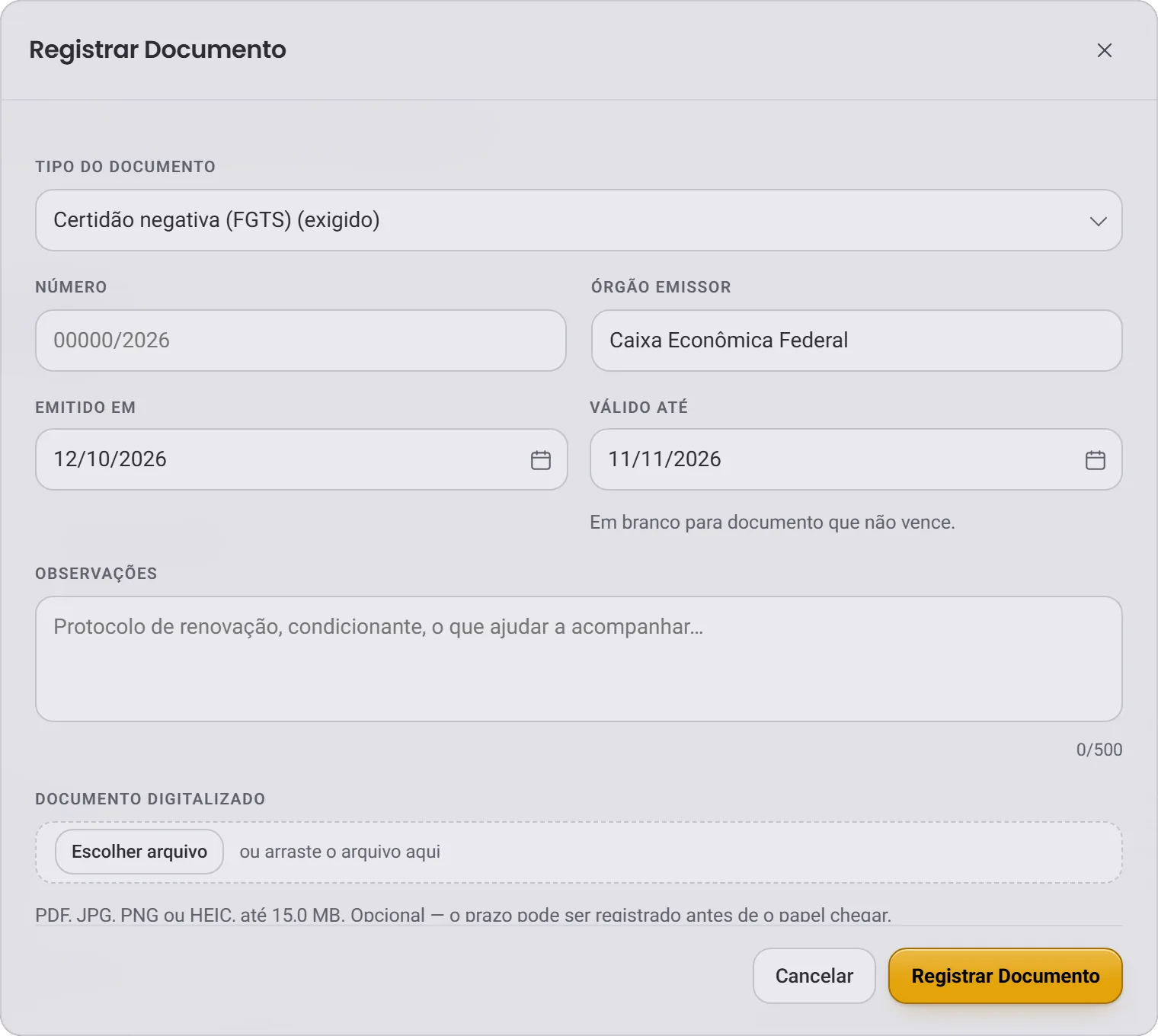 A janela Registrar Documento, com o tipo, o órgão emissor e as datas de emissão e validade