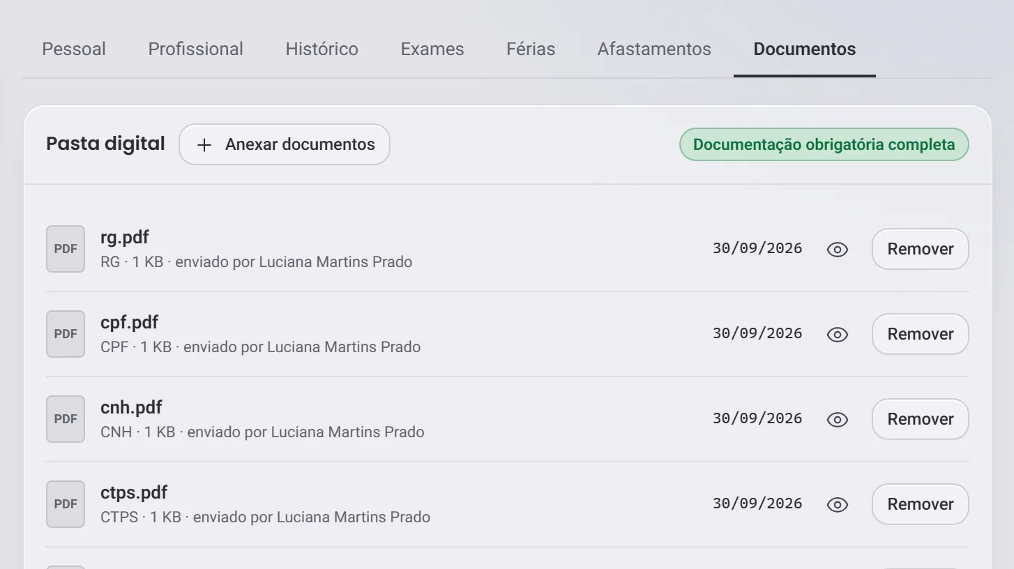 A aba Documentos da ficha, com a Pasta digital e o botão Anexar documentos