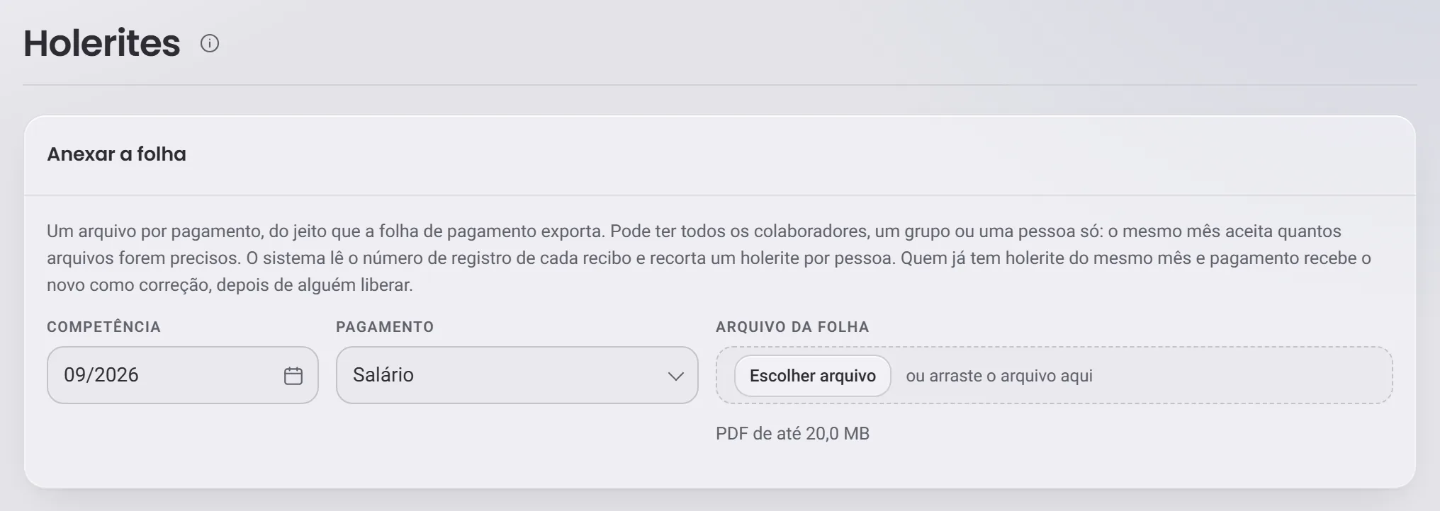 O cartão Anexar a folha, com a competência, o tipo de pagamento e a área do arquivo