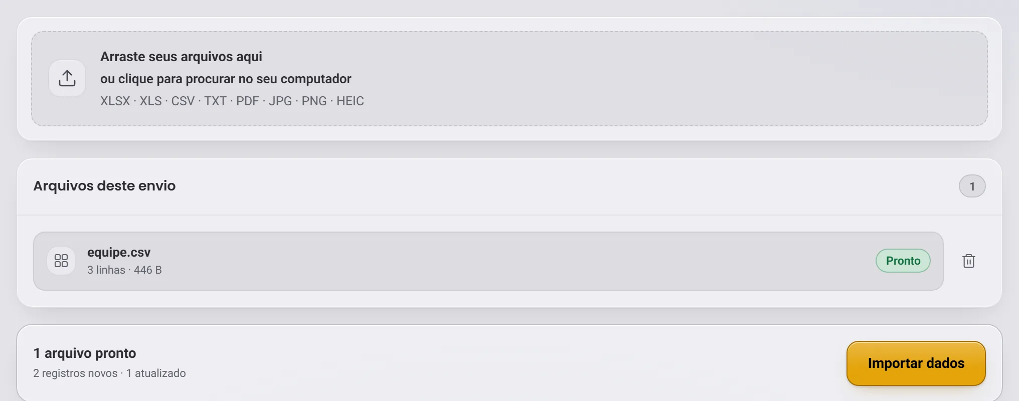 A planilha na lista Arquivos deste envio, pronta, e o botão Importar dados