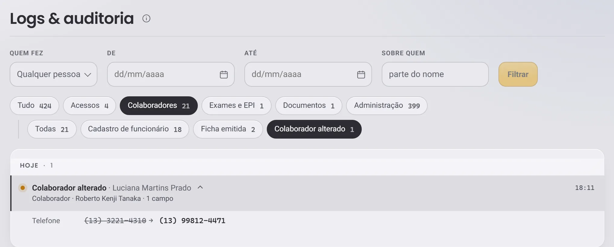 A trilha filtrada em Colaborador alterado, com o evento aberto mostrando o antes e o depois