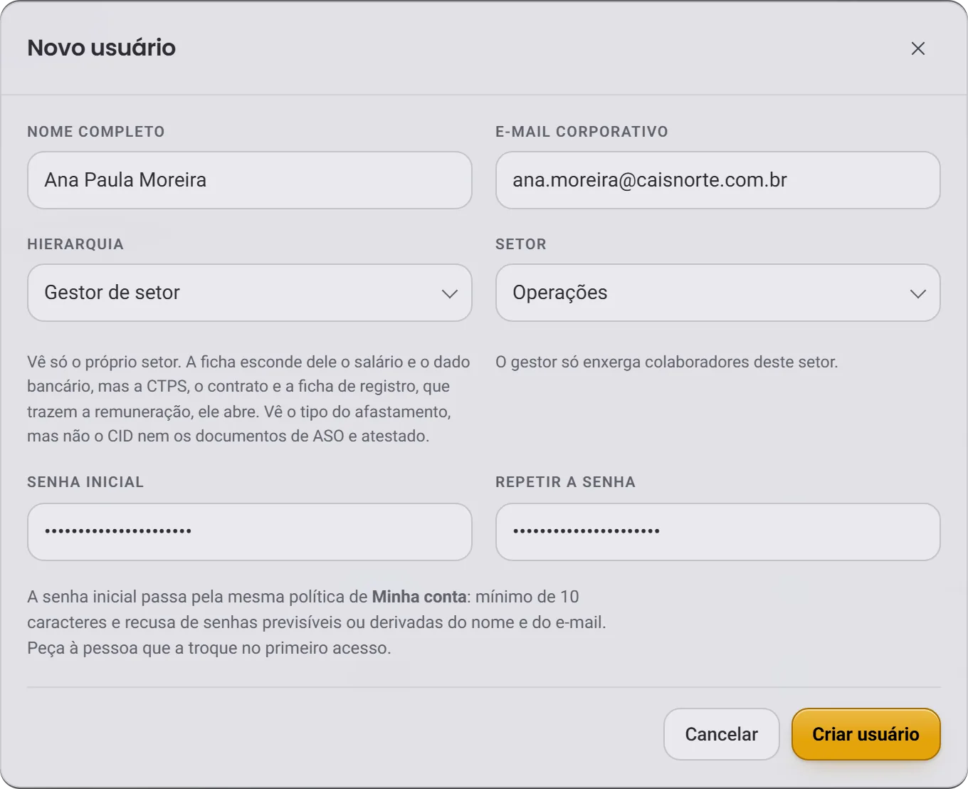 A janela Novo usuário, com nome, e-mail, a hierarquia Gestor de setor e o setor