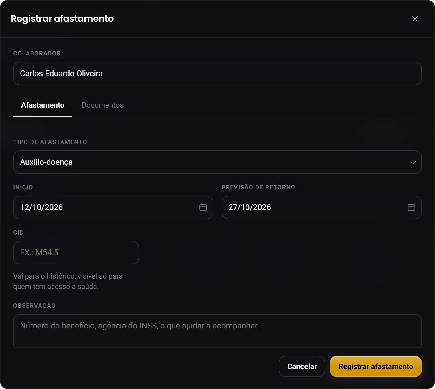 A janela Registrar afastamento preenchida, com colaborador, tipo, início e previsão de retorno