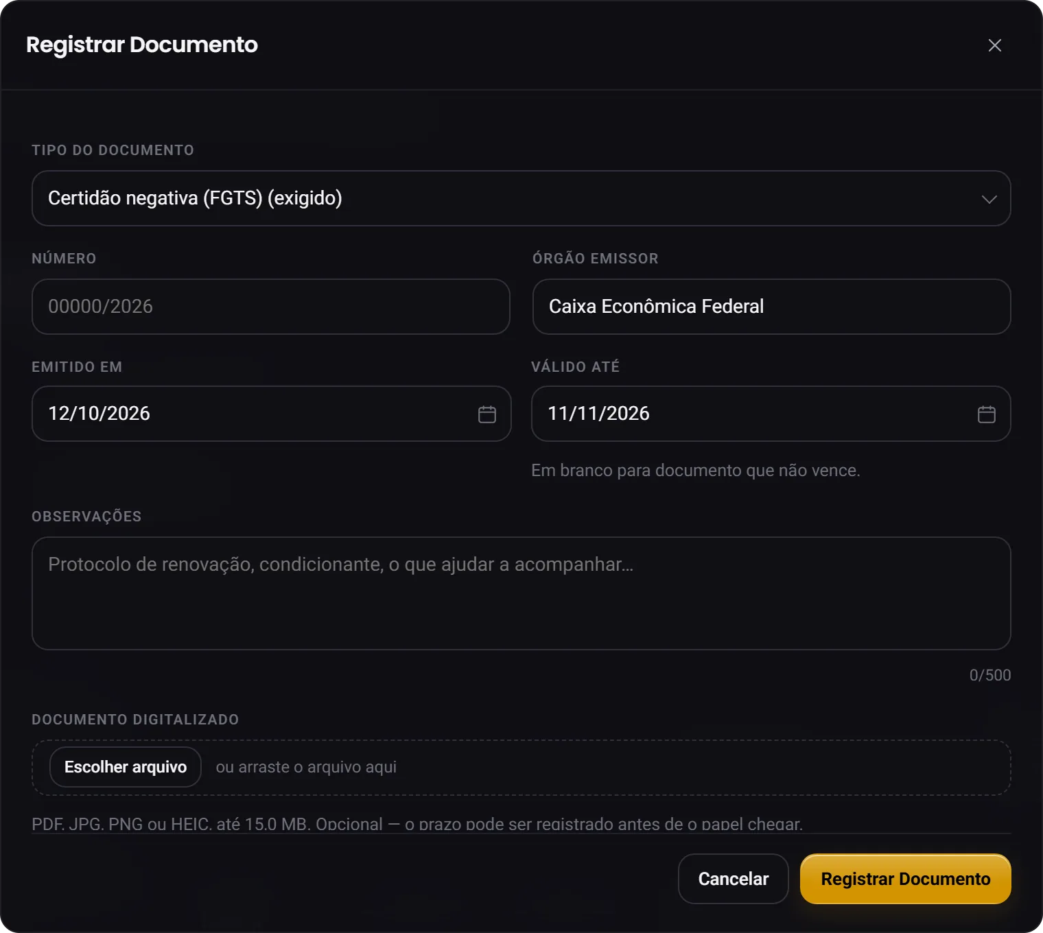 A janela Registrar Documento, com o tipo, o órgão emissor e as datas de emissão e validade