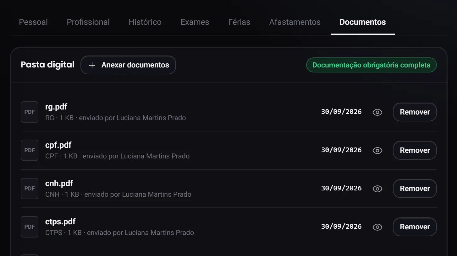 A aba Documentos da ficha, com a Pasta digital e o botão Anexar documentos