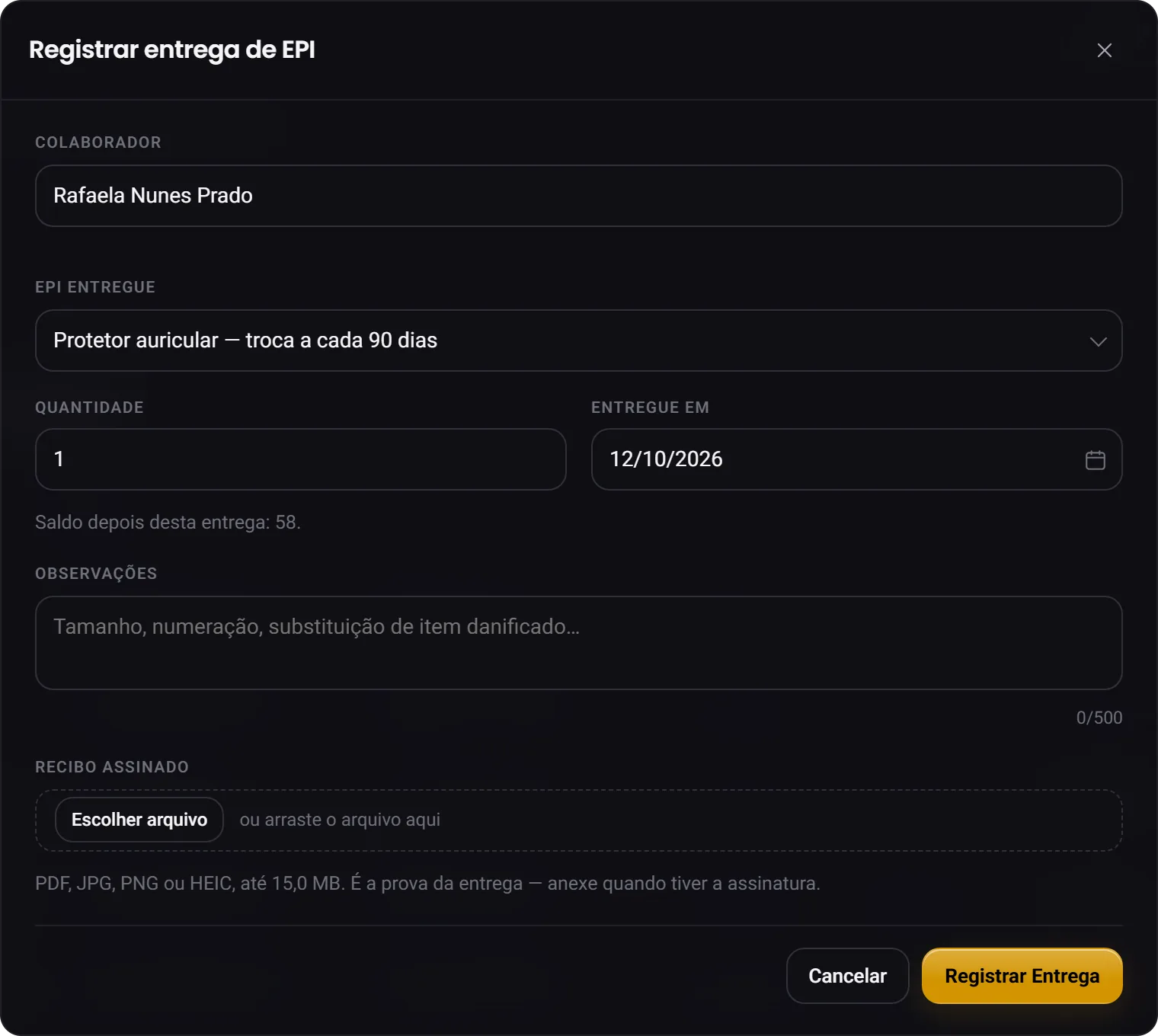 A janela Registrar entrega de EPI, com colaborador, EPI, quantidade e data da entrega