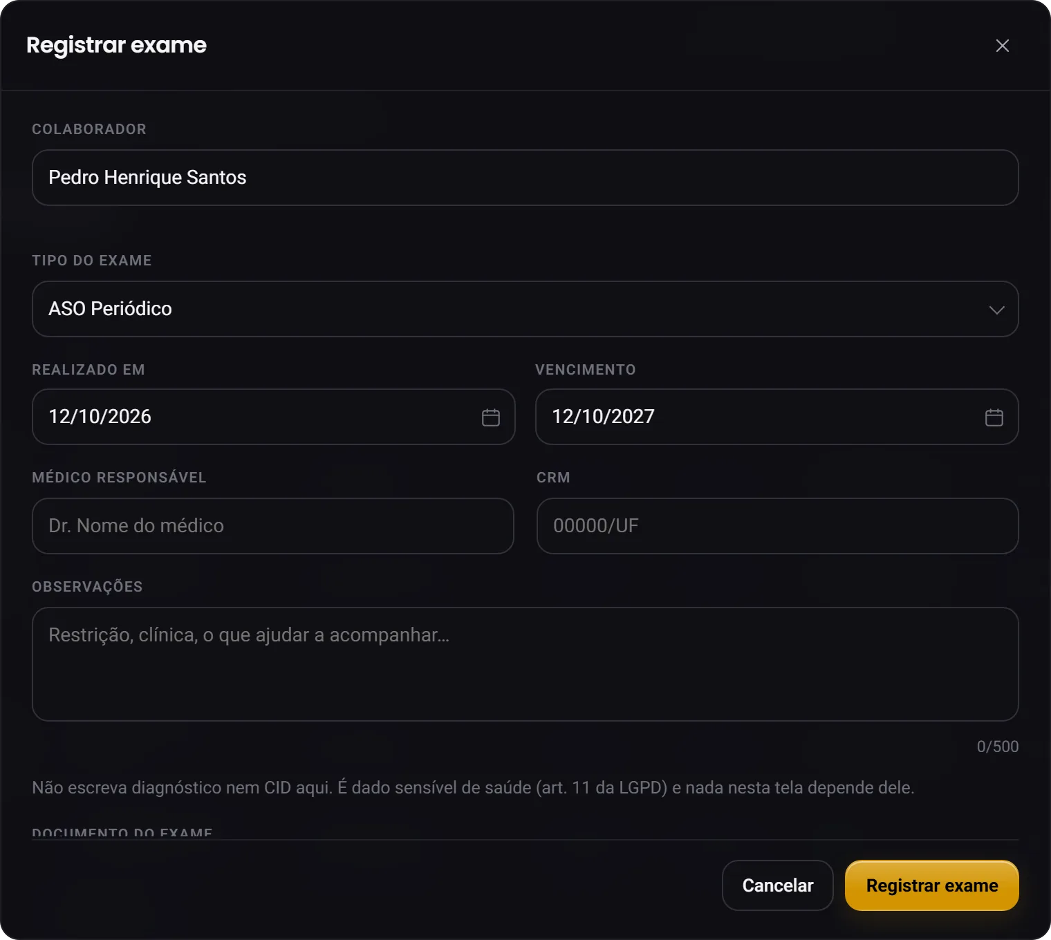 A janela Registrar exame, com colaborador, tipo do exame, datas, médico, CRM e observações