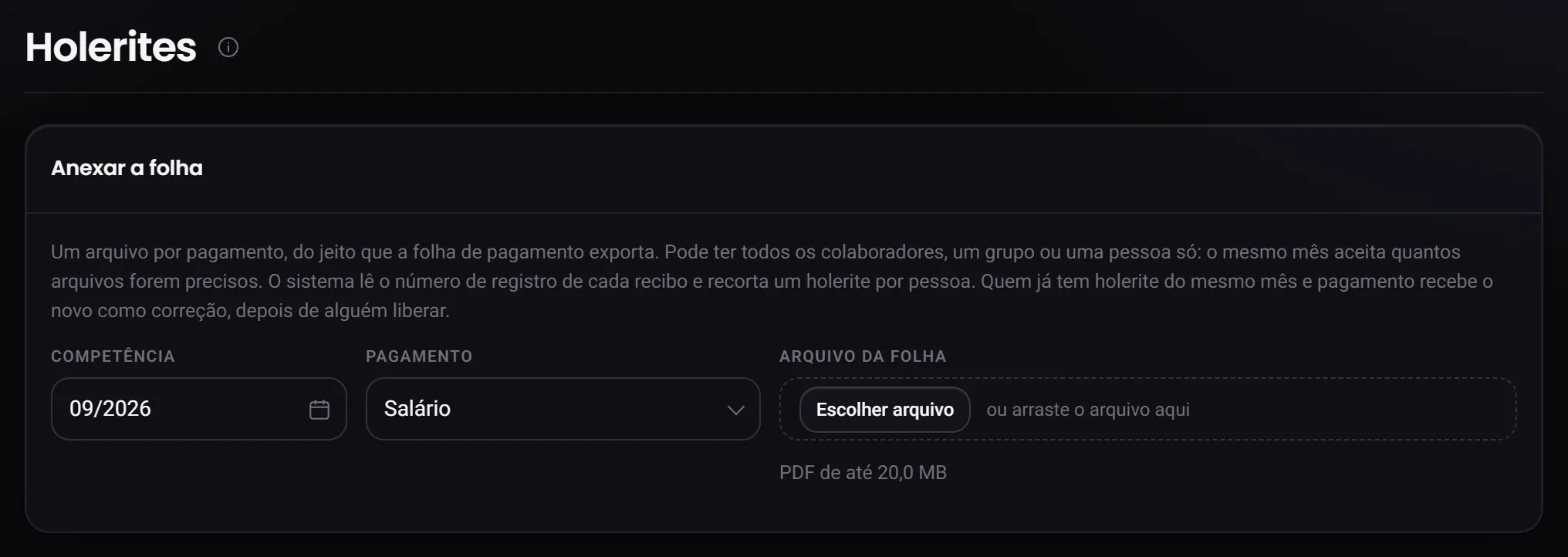 O cartão Anexar a folha, com a competência, o tipo de pagamento e a área do arquivo