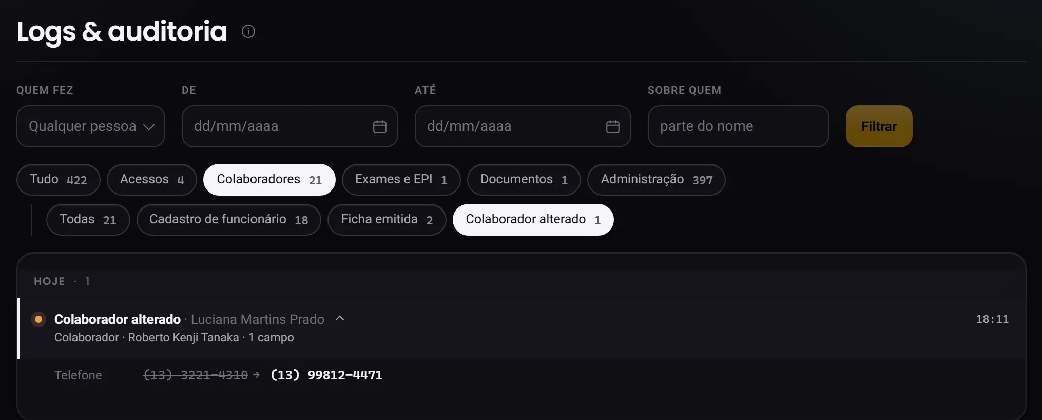 A trilha filtrada em Colaborador alterado, com o evento aberto mostrando o antes e o depois