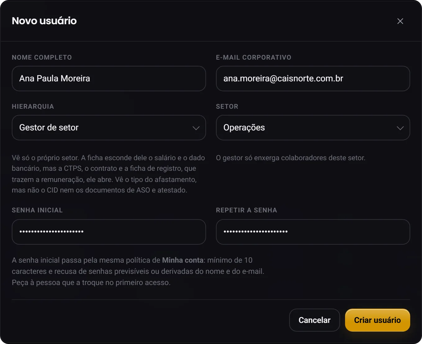 A janela Novo usuário, com nome, e-mail, a hierarquia Gestor de setor e o setor